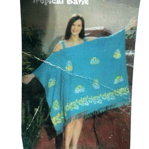 Tropical Batik Womens One Size Blue Floral Fringe Beach Pull Over Cover Up Dress